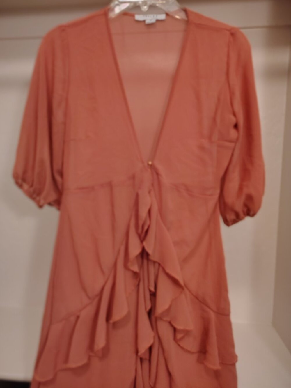 FAVLUX Sheer Terracotta Chiffon Ruffle High-Low Duster - Picture 6 of 11